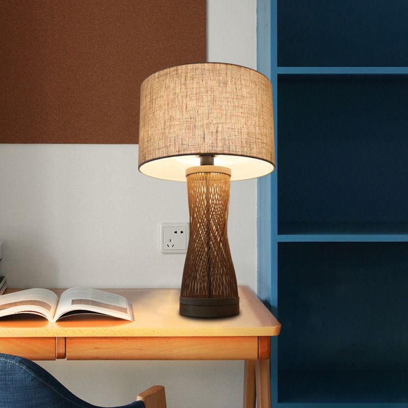 Flaxen Laser Cut Task Light Asian 1 Bulb Bamboo Small Desk Lamp with Drum Fabric Shade