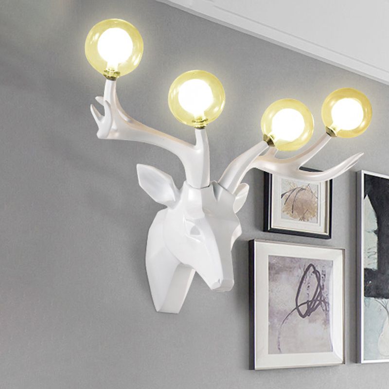 Sika Deer Living Room Wall Lamp Classic Style Resin 4 Heads Black/White/Blue Wall Sconce Light with Orb Clear Crystal Shade