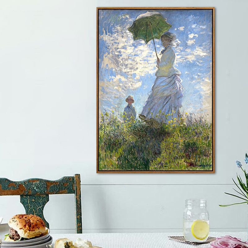 Monet Painting Canvas Print for Home Woman with A Parasol Wall Art in Blue, Texture