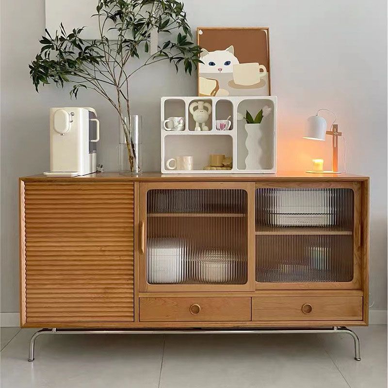 Contemporary Pine Display Stand Glass Doors Storage Cabinet with Doors
