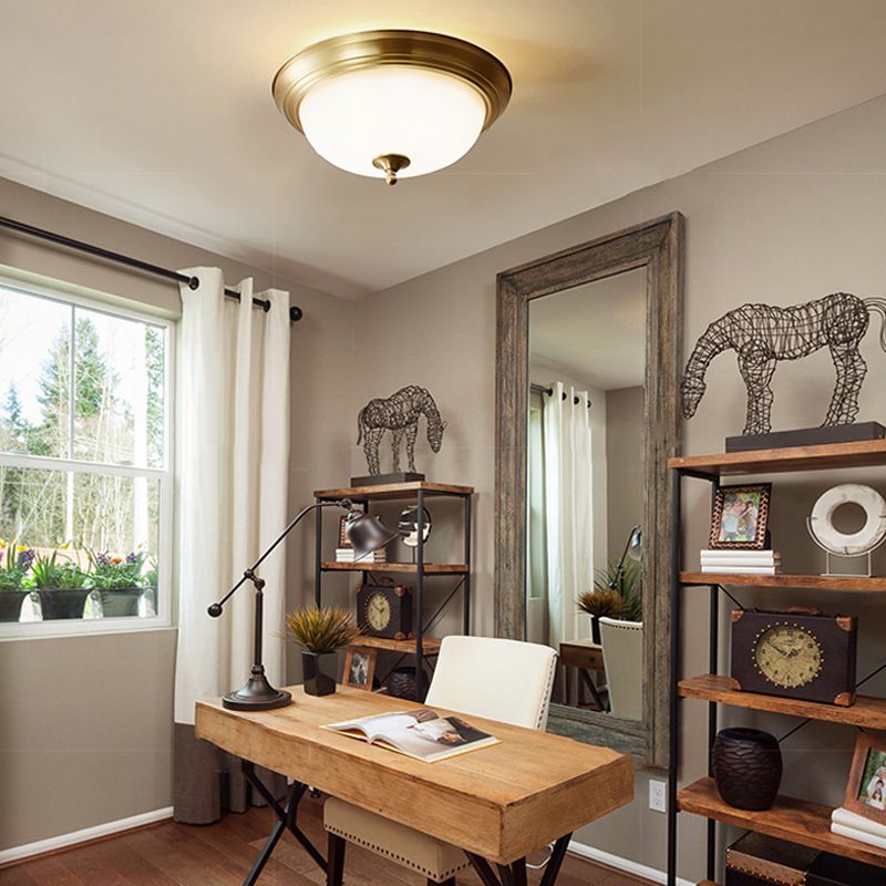 Glas-Bronze-Deckenleuchte im Kolonialstil, Kupferschale, Unterputzmontage für Innenräume