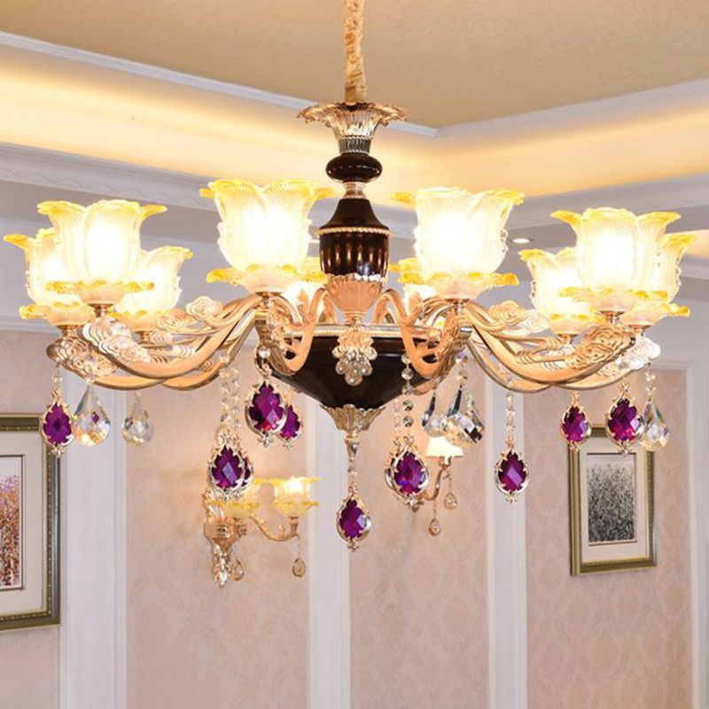 Gesneden glas bloemen suspensie licht retro stijl woonkamer kroonluchter licht met kristal accent