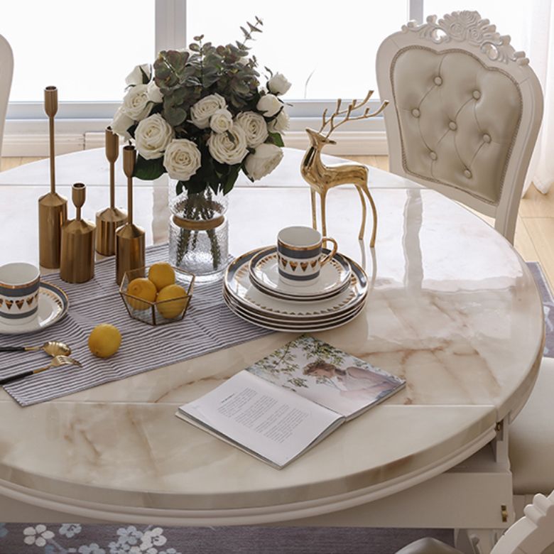 Round Faux Marble 4 Legs Dining Site Table in White with Drop-Leaf