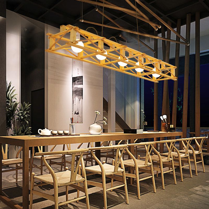 Rectangular Cage Island Lamp Contemporary Wooden Restaurant Hanging Light in Beige