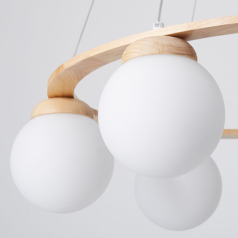 Houten cirkelvormige kroonluchter eenvoud hangend licht met bol wit glazen schaduw