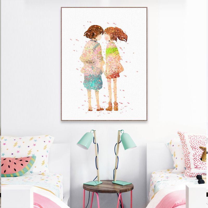Puppy Love Painting Art Print Textured Cartoon Girls Bedroom Wall Decor in Orange