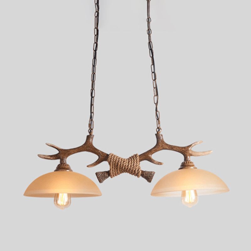 2 - Light Kitchen Island Light Wood & Dome Glass Shade Ceiling Pendant with Antlers Accent