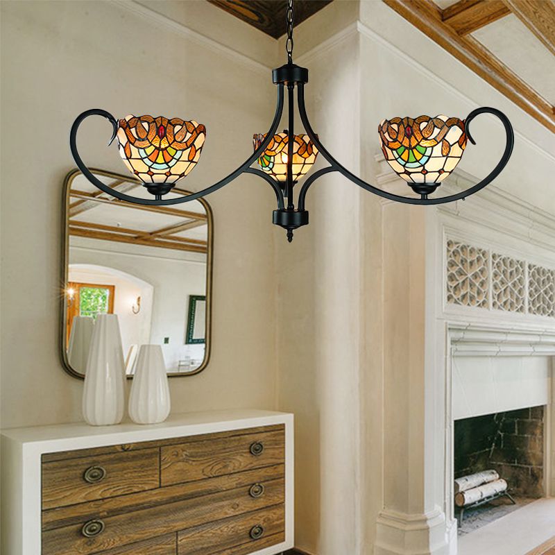 Victorian Bowl ciotola Luce a sospensione con catena sospesa vetrate 3 luci lampadario in beige per sala da pranzo