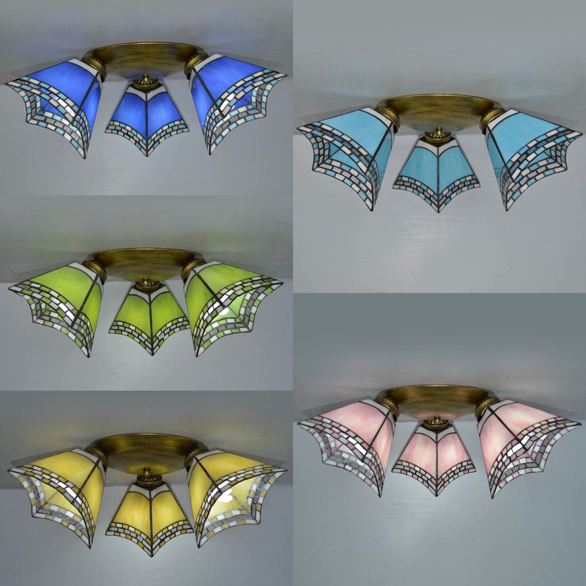 3 Heads Geometric Flushmount Light Vintage Stained Glass Flush Mount Ceiling Light in Yellow/Sky Blue/Pink/Green/Dark Blue for Bedroom