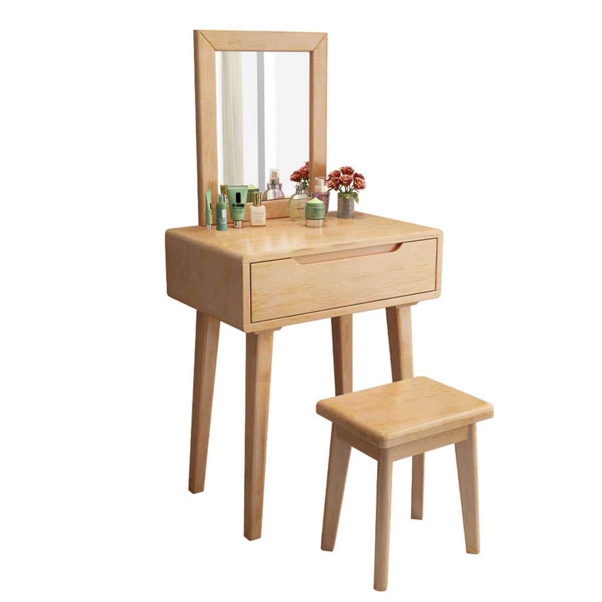 Contemporary Solid Wood Makeup Table Vanity Stool with Drawers and Mirror