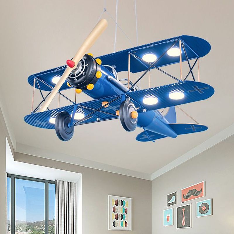 LED Biplane Hanging Lamp Kit Cartoon Metallic Yellow/Dark Blue-Yellow/Blue Chandelier Lighting for Nursery