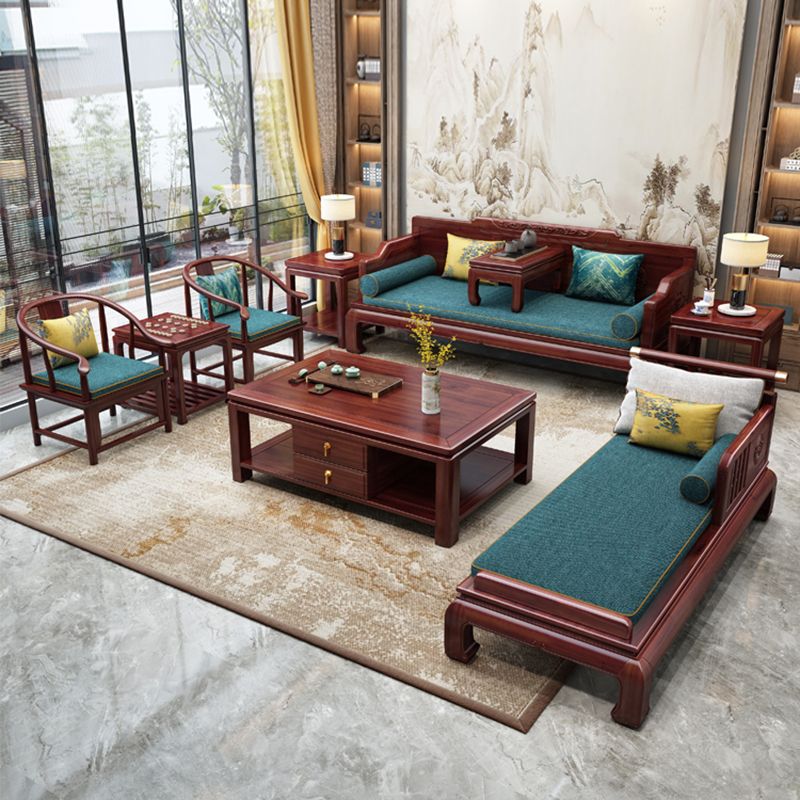 Traditional with Arms Wooden Chaise with Pillow Round Arms for Living Room