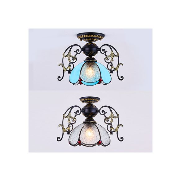 Plafonnier pétale traditionnel avec abat-jour en verre teinté, 1 diamant bleu clair/semi-encastré givré en noir/blanc