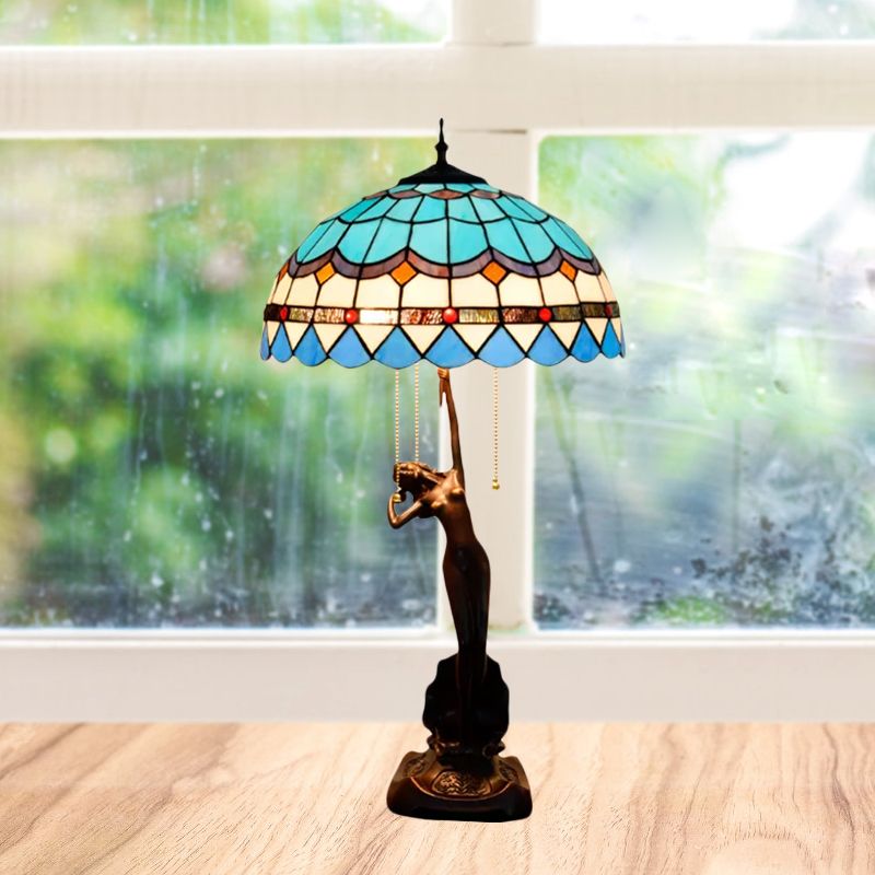 3-Head Nightstand Lamp Mediterranean Spikelet Beige/Teardrop-Edge Blue and White/Flower Blue and Brown Glass Table Light with Pulling Chain