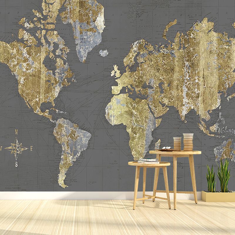 Gold World Map Mural Water-Resistant Wall Decor for Accent Wall