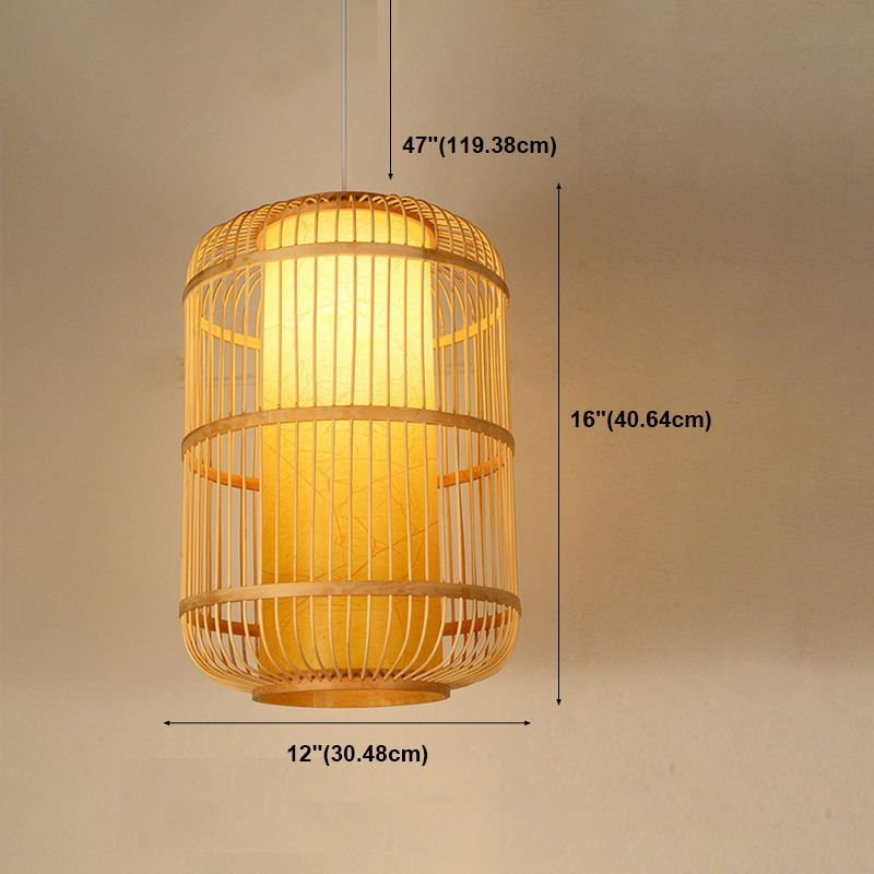 Asia 1-Light Down Lighting Bamboo Cylinder Hanging Pendant Light for Tea Room