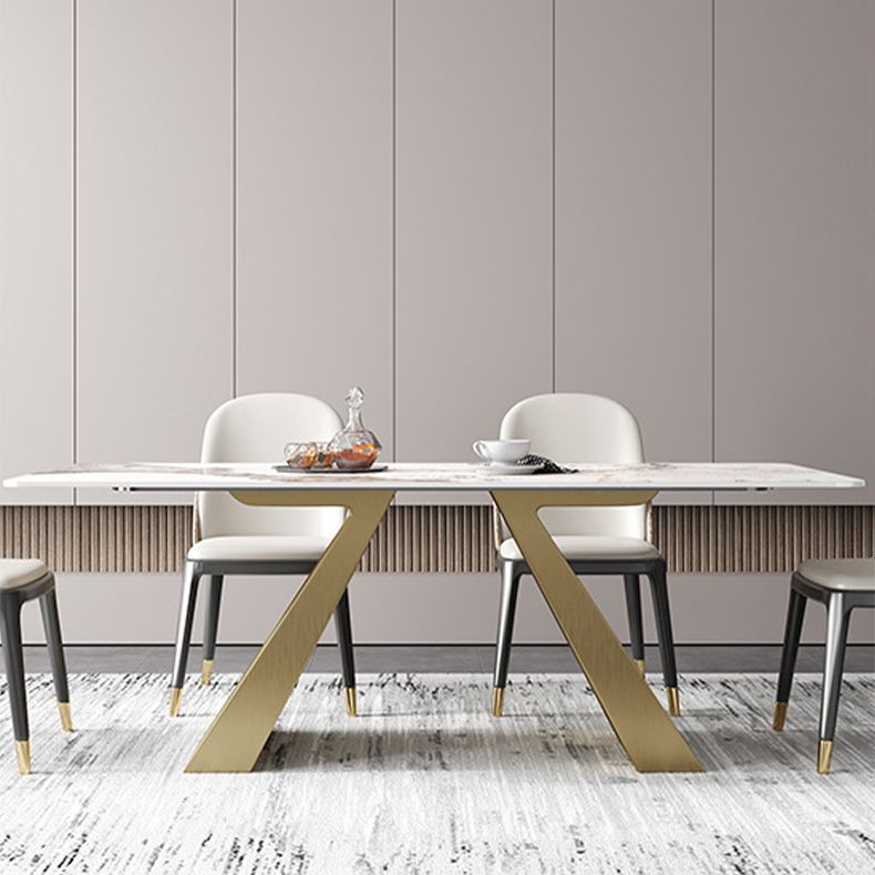 Mesa de comedor rectangular de lujo tradicional mesa sinterizada con pedestal doble dorado