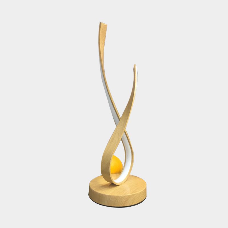 Beige Finish Twisted Desk Lighting Modernism LED Acrylic Nightstand Lamp, Wooden Base