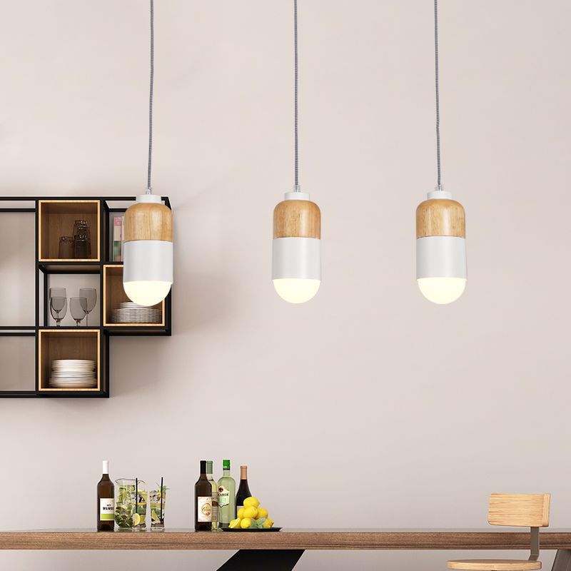 Capsule LED Cluster Pendant Modernisme Métal 3 ampoules Blanc et pendentif en bois Lumière sur la table à manger