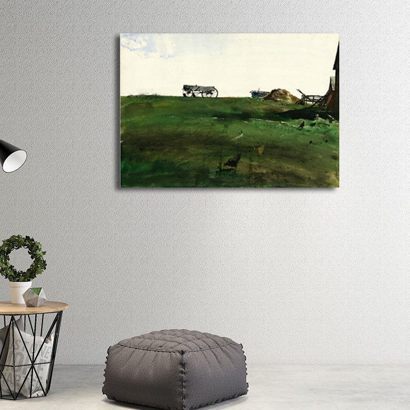 Rust Grassland Scenery Painting Dark Color Textured Wall Art Print for Living Room