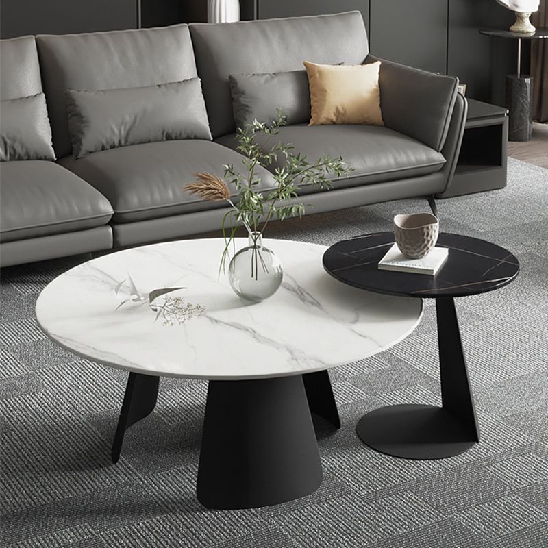 Modern Black and White Coffee Table Round Slate and Metal Table