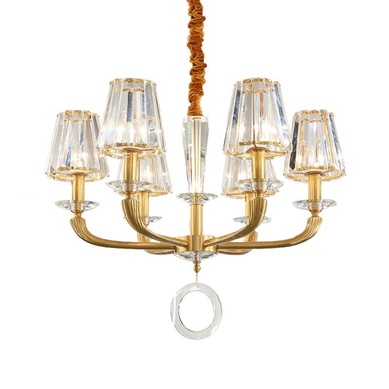 Prismatic Crystal Cone Shade Chandelier Mid-Century 6 Bulbs Parlor Ceiling Pendant Light with Ring Drop in Gold