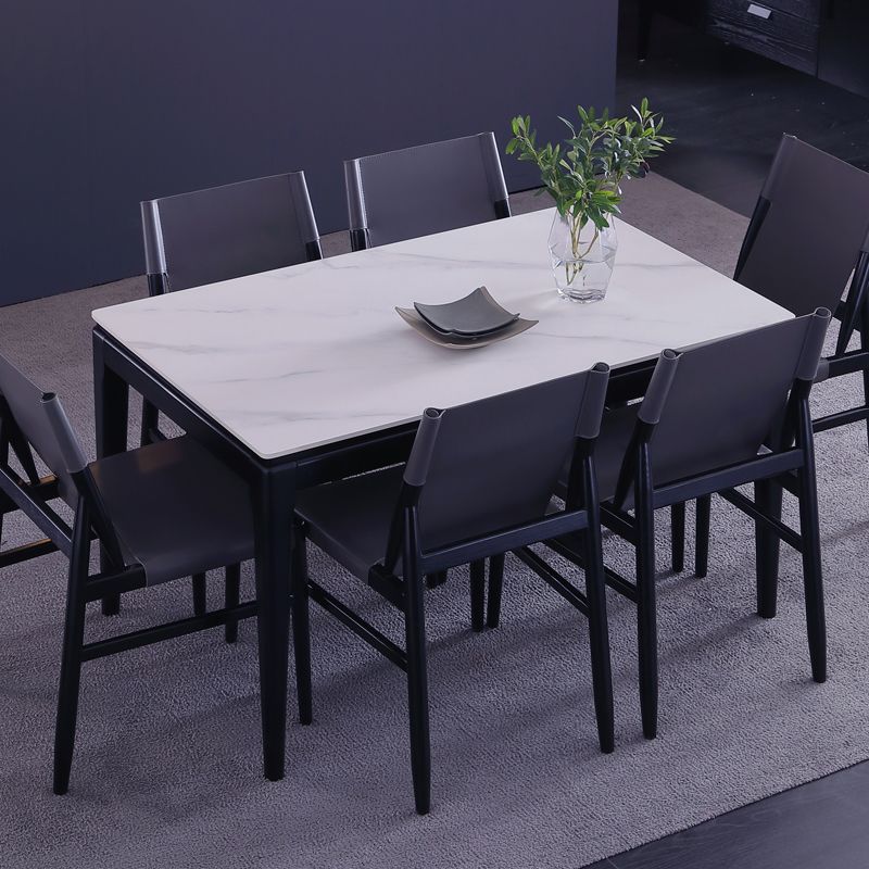 Rectangle 4 Legs Dining Table Mid-Century Modern White Fixed Table of Sintered Stone