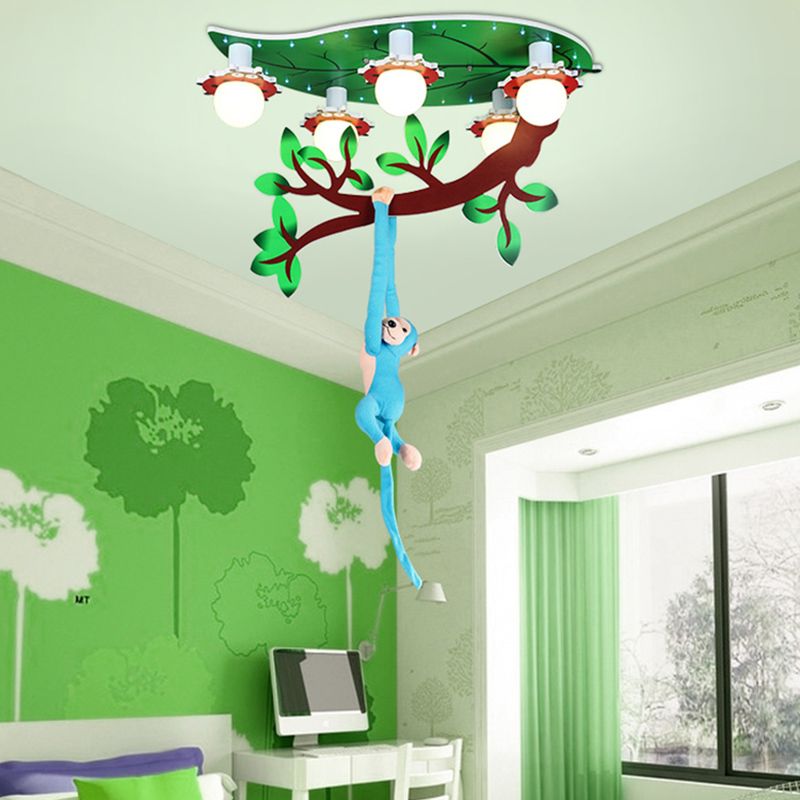 Salle de soins infirmiers Ceiling Fixture with Hanging Monkey Wood 4 Lights Green Ceiling Mount Light