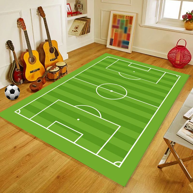 Green Living Room Rug Soccer Field Pattern Polyester Area Carpet Non-Slip Backing Area Rug