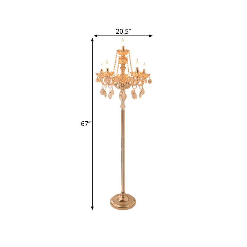 Lámpara de lectura de la sala de velas Cristal transparente tradicional 5/6 bulbos dorado luz de pie con sombra blanca
