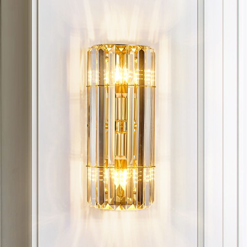 Cylindrical Sconce Lighting Vintage Style Clear Crystal 2/3-Heads Golden Wall Mounted Lamp for Hallway