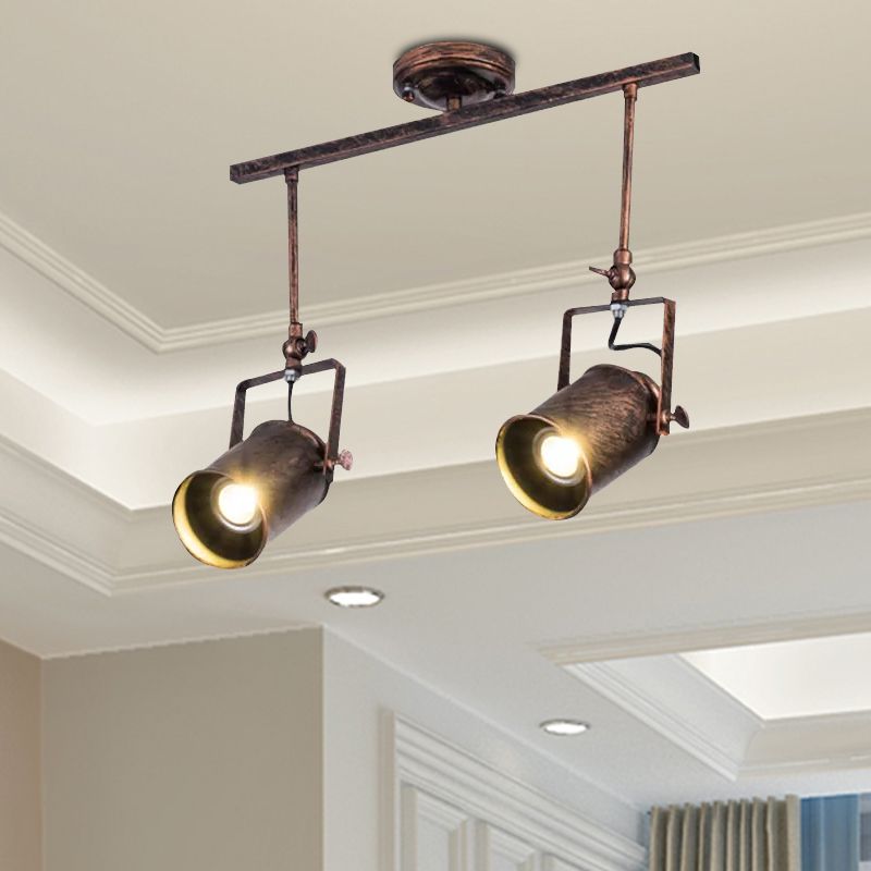 Luz de riel cilíndrica de estilo antiguo, lámpara de techo semiempotrada de hierro forjado de 1/2/3 luces en óxido oscuro para cafetería