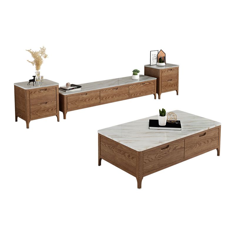 Solid Wood 4 Legs Coffee Table with Storage Drawers Marble Top