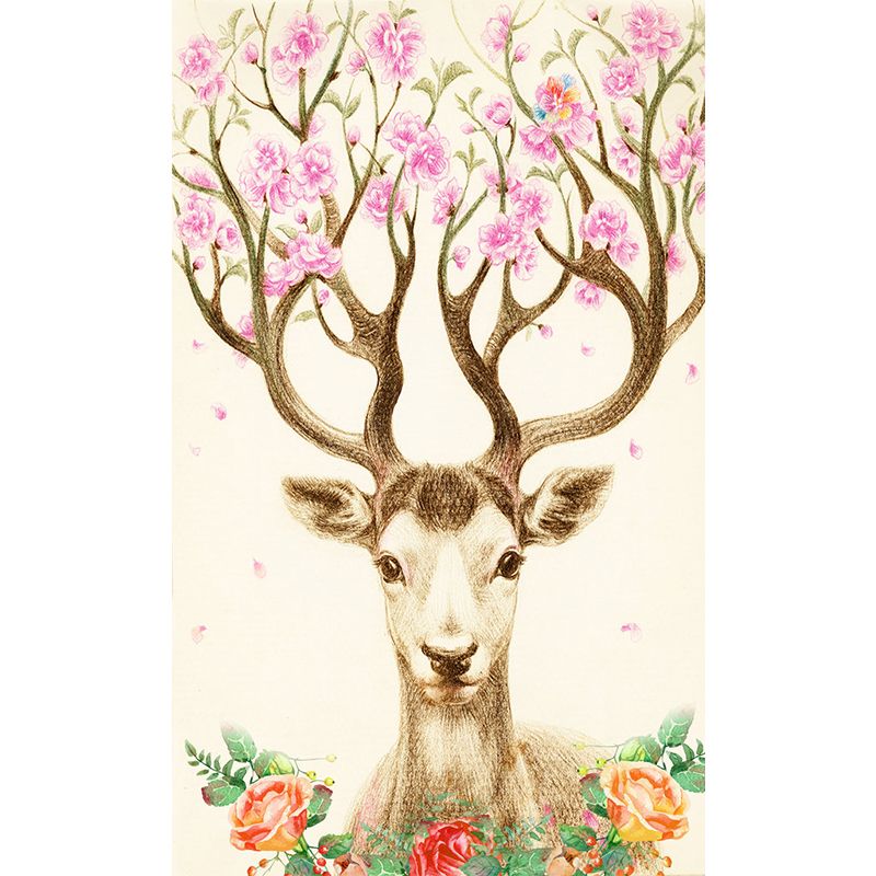Artistry Girls Wall Mural with Flower on Deer Antler Drawing Pattern Beige Wall Covering for Decor