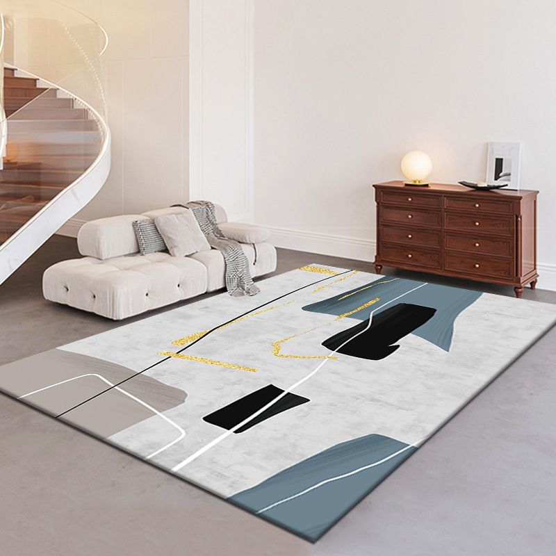 Light Grey Modern Rug Polyester Abstract Print Rug Non-Slip Backing Rug for Living Room