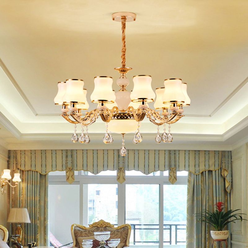 Klassieke Bud Chandelier Lighting White Glass Hanglamp met kristalafgraden voor woonkamer