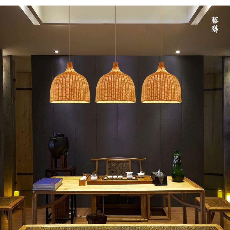 Handwoven Dome Pendant Light Fixture Chinese Bamboo Single Bulb Dining Table Ceiling Light in Beige