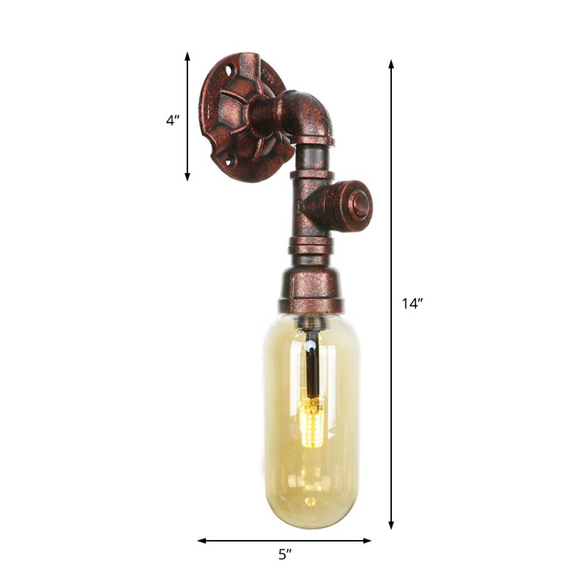 1 Light Amber Glass Wall Lamp Industrial Weathered Copper Oval Shade Bedroom Sconce Light Fixture, 9.5"/10"/12" H