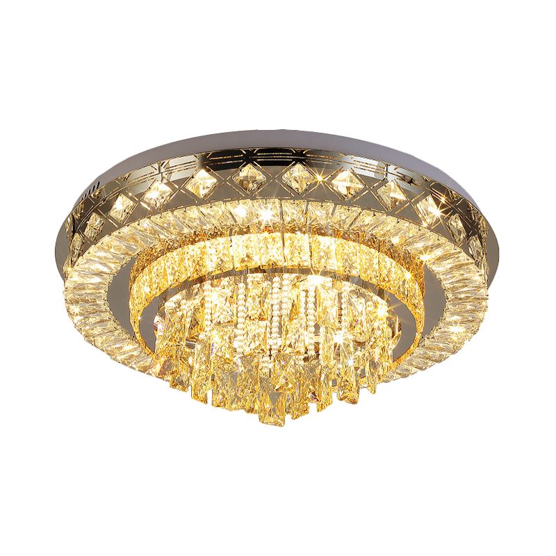 Faceted Cut Crystal Tiers Ceiling Flush Modernist Living Room LED Flush Mount Light in Chrome