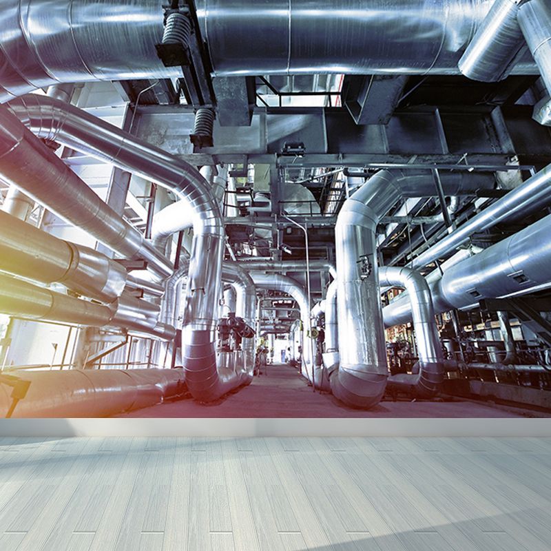 Gray Industrial Mural Decal Huge Machinery Scenery Wall Covering for Living Room