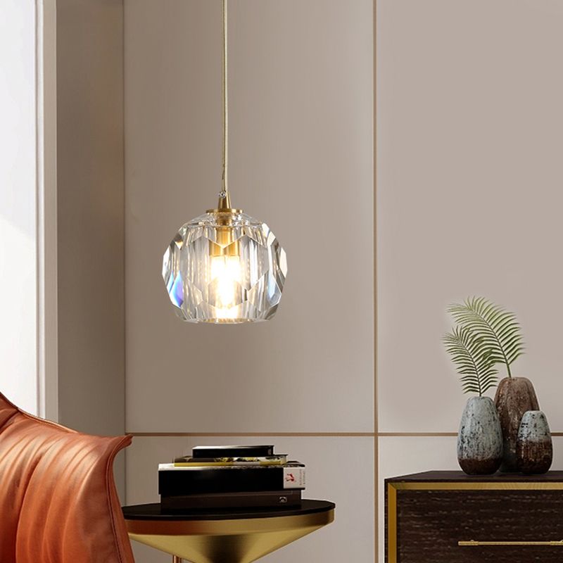 Dome Shade Pendant Light Contemporary Faceted Crystal Staircase Suspension Light Fixture in Brass