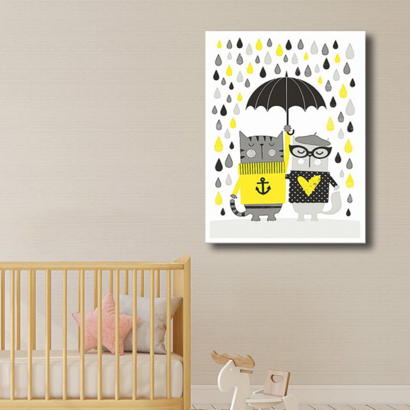 Cats with Umbrella Wall Art Print Kids Style Funny Animal Canvas in Grey for Bedroom
