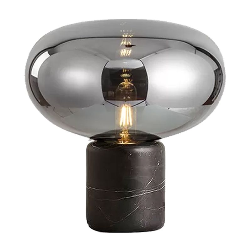 Tâche ovale légère fumée moderne gris / verre ambre 1 lampe de bureau de tête avec base de marbre de cylindre noir, 9 "/ 12,5" de large