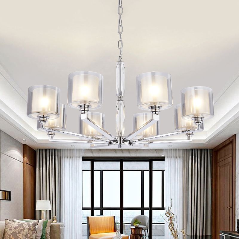 Chrome Metal Radial Pendant Light Modern Cylindrical Clear Glass Shade Bedroom Chandelier Lighting
