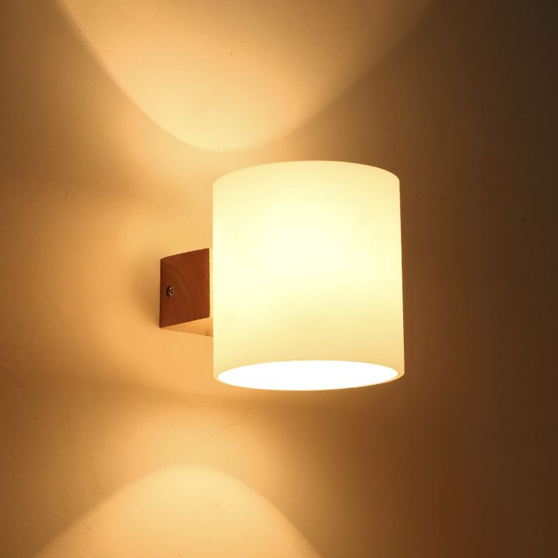 Wooden Cylindrical Wall Lamp in Modern Concise Style White Glass Wall Light for Bedroom