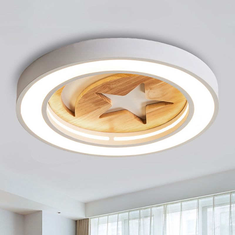 Baby Room Circulaire Flushmount Light with Star & Moon Wooden Nordic LED Ceiling Light
