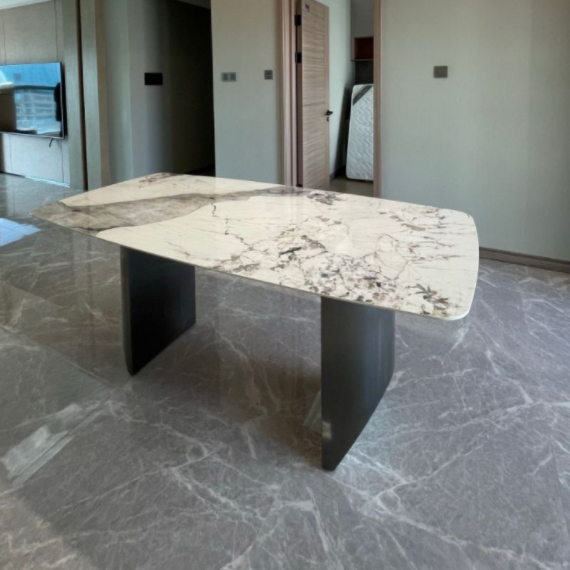 Rectangle Double Pedestal Glam Dining Table Brown Tone Fixed Table with Sintered Stone