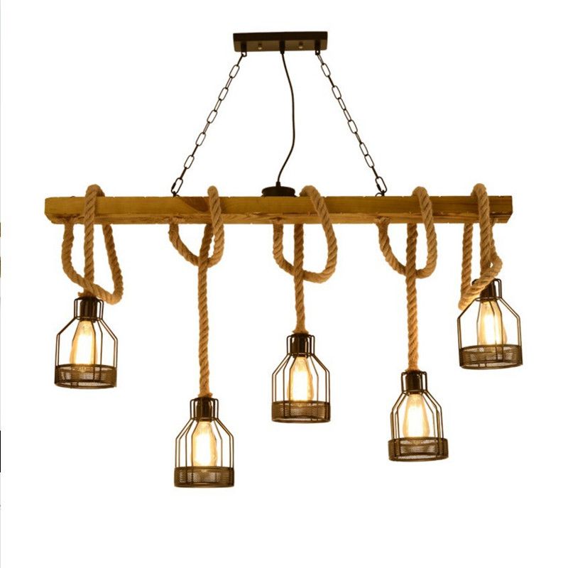 Wooden Linear Island Lamp Rustic Restaurant Suspension Pendant Light with Mesh Cage