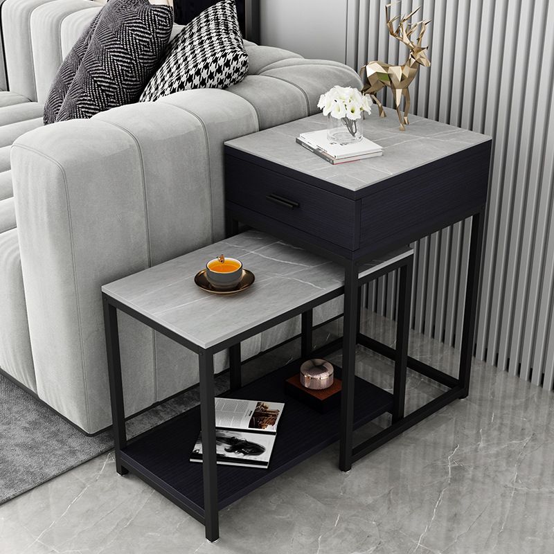 Contemporary Living Room Sofa Side Table Stone Top End Table with Drawer and Shelf