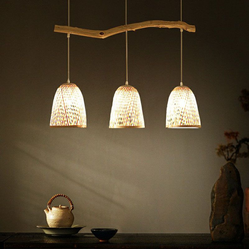 Bell Shade Pendant Light South-east Asia Bamboo 3 Heads Tea Room Hanging Island Light in Wood